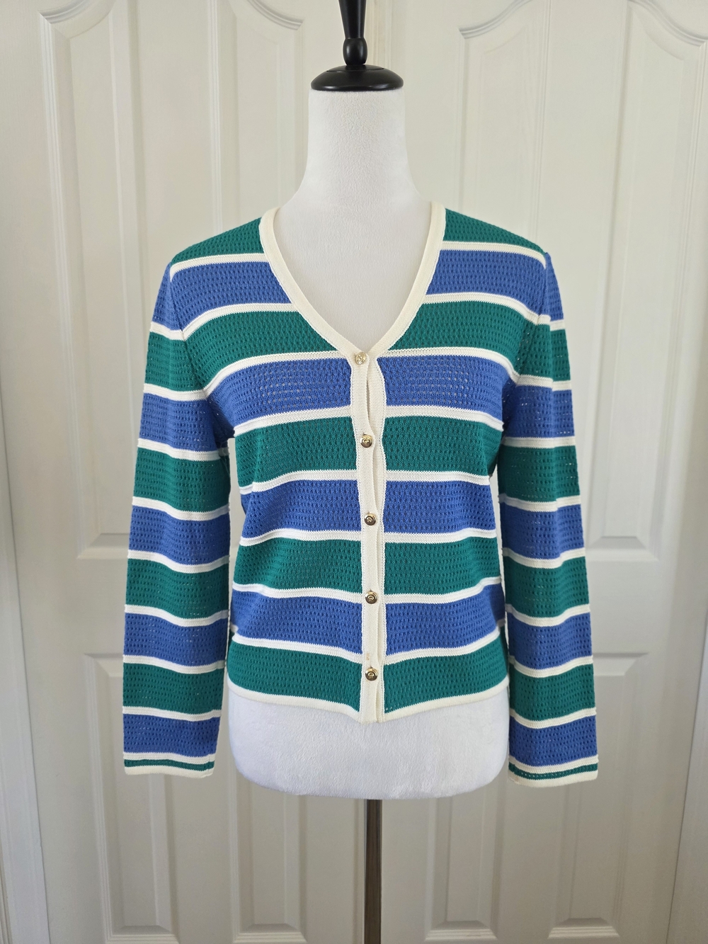 St John Sport Marie Gray Striped Wool Blend Cardigan Blue Green Size P